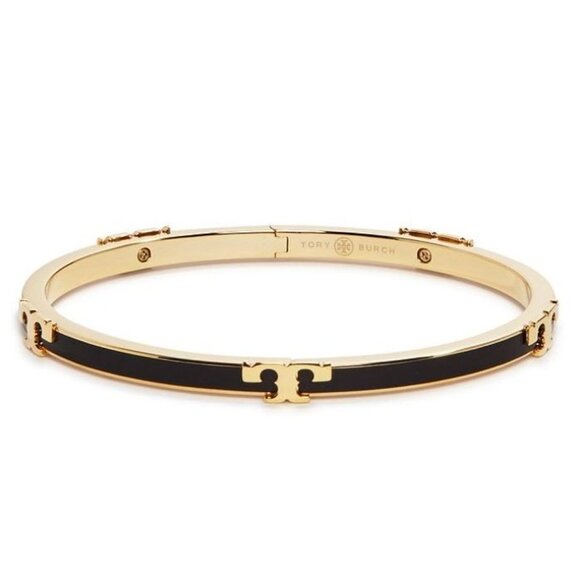 Tory Burch Black & Gold Enamel Serif Bangle Bracelet - Picture 2 of 3